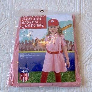 NEW‎ IN BAG. Rockford Peach Baseball Costume, Includes belt & Hat, Size 7/8